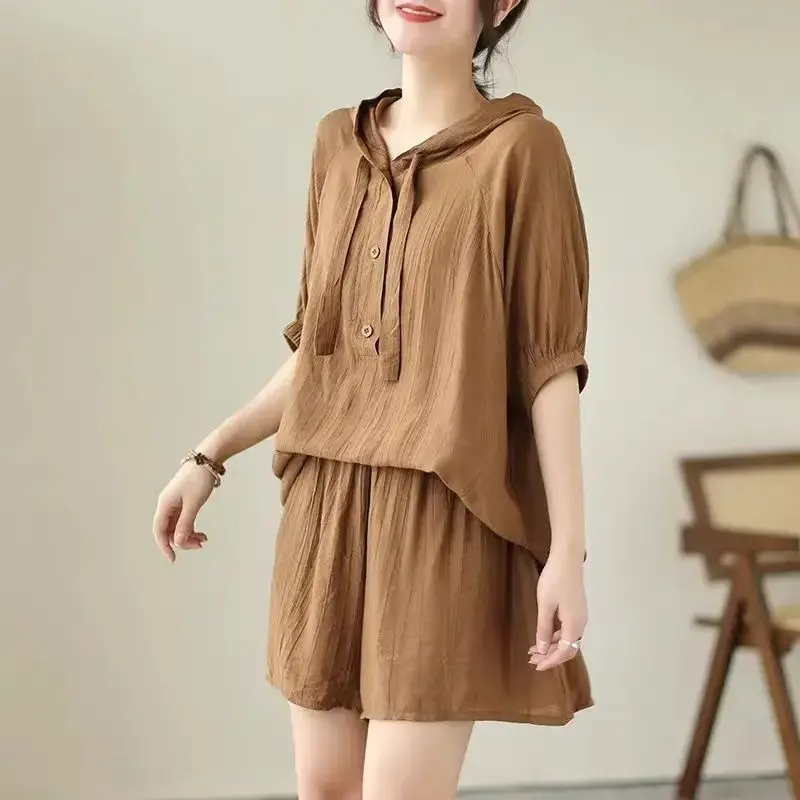 Summer Fashion plus Size Women's Set Hooded Short Sleeve Top Slimming Shorts Two Piece Set Trendy plus Size Clothing