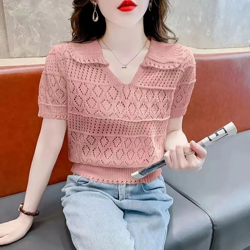 Summer New Ice Silk Knitted Short Sleeve Women's Waist-Cinching Hollow Loose Polo Neck Top Thin Material Comfortable Fit