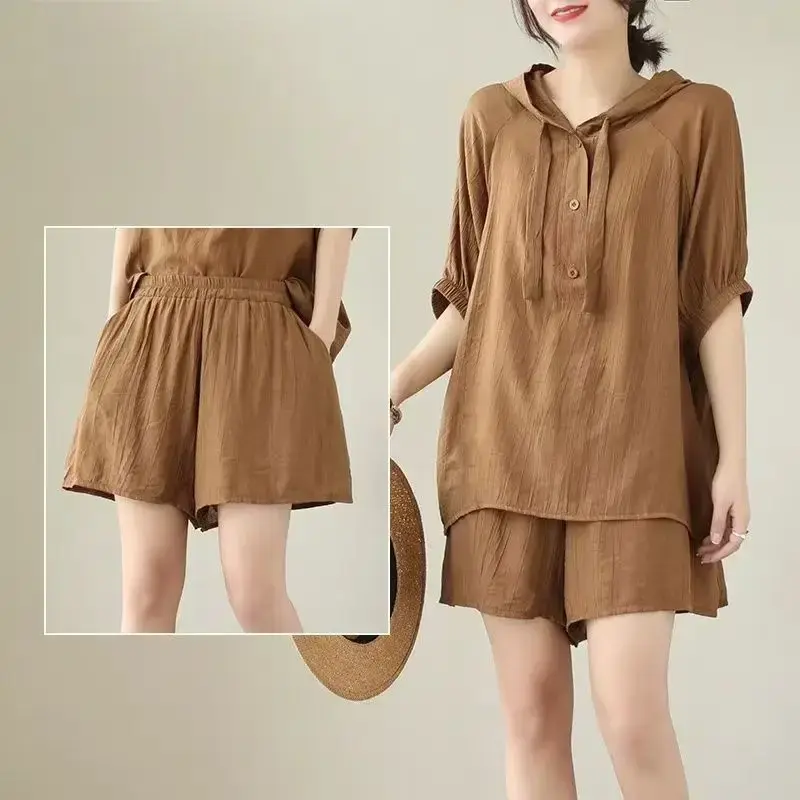 Summer Fashion plus Size Women's Set Hooded Short Sleeve Top Slimming Shorts Two Piece Set Trendy plus Size Clothing