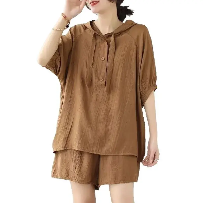 Summer Fashion plus Size Women's Set Hooded Short Sleeve Top Slimming Shorts Two Piece Set Trendy plus Size Clothing