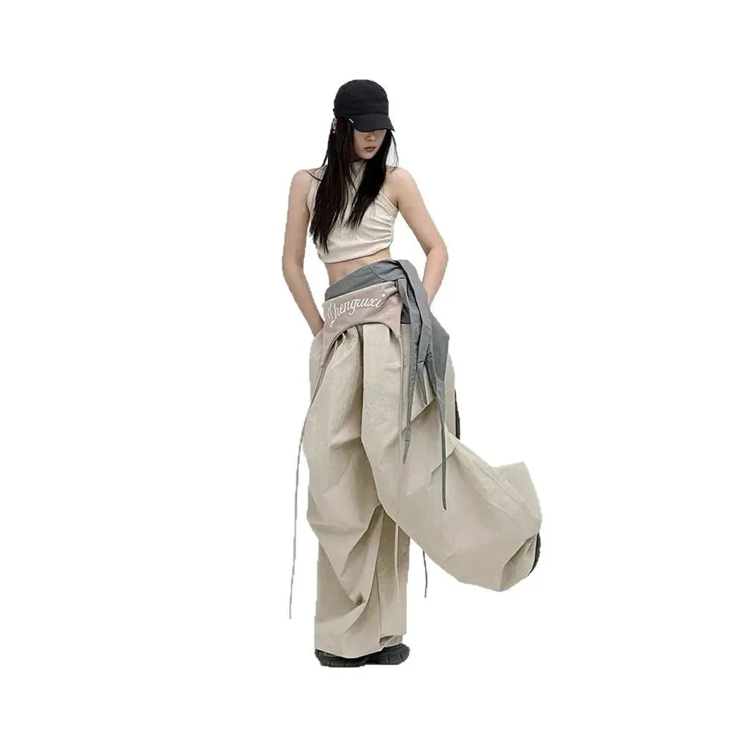 American Street Grey Waist Belt Wide Leg Knife Pants Women's Spring Casual Sports Design Sensation Trousers