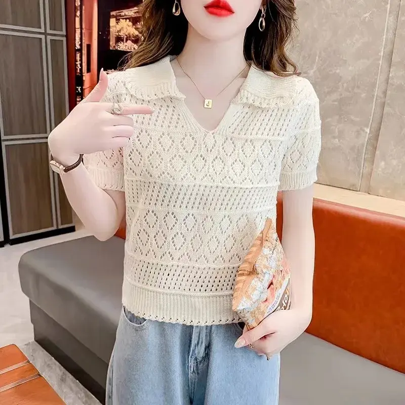 Summer New Ice Silk Knitted Short Sleeve Women's Waist-Cinching Hollow Loose Polo Neck Top Thin Material Comfortable Fit