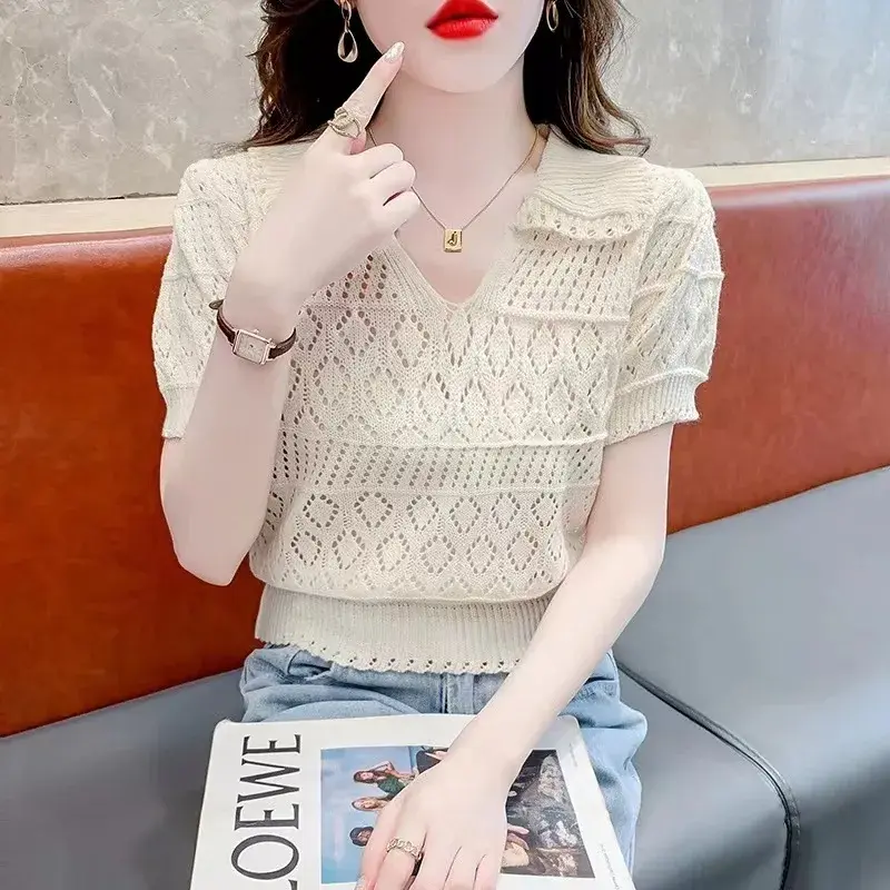 Summer New Ice Silk Knitted Short Sleeve Women's Waist-Cinching Hollow Loose Polo Neck Top Thin Material Comfortable Fit