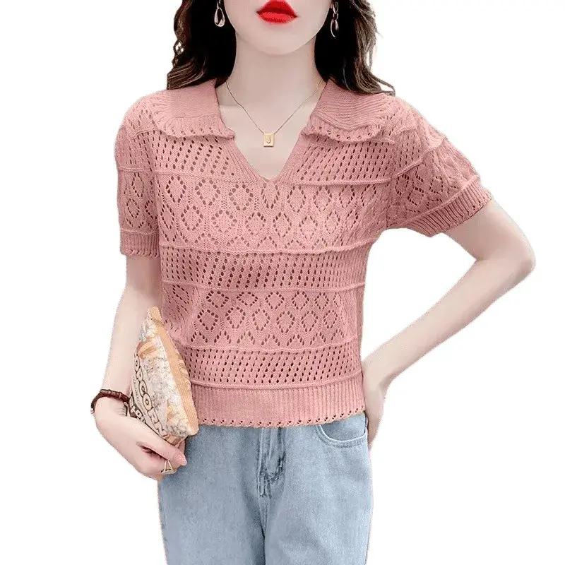 Summer New Ice Silk Knitted Short Sleeve Women's Waist-Cinching Hollow Loose Polo Neck Top Thin Material Comfortable Fit