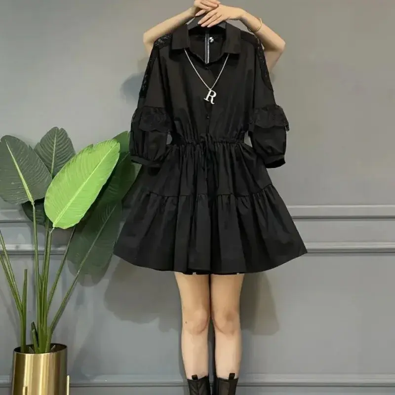 2024 Plus Size Women's Autumn New Elegant Waist-Fitted Slimming Lantern Sleeve Dress Korean Style Shirt Dress For Plump Girls