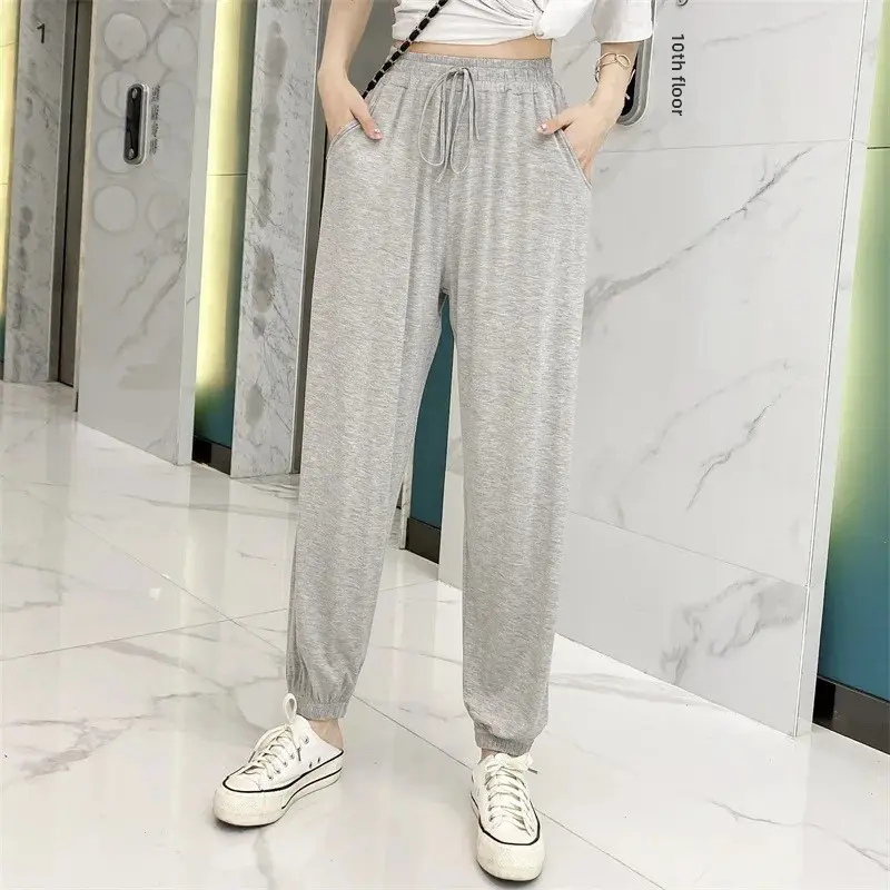Korean Style Modal Sporty Casual Pants Women's Cargo Trousers Spring Summer Large Size Cuffed Anti-Mosquito Pants