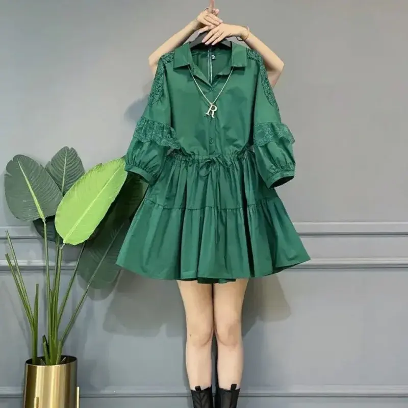 2024 Plus Size Women's Autumn New Elegant Waist-Fitted Slimming Lantern Sleeve Dress Korean Style Shirt Dress For Plump Girls