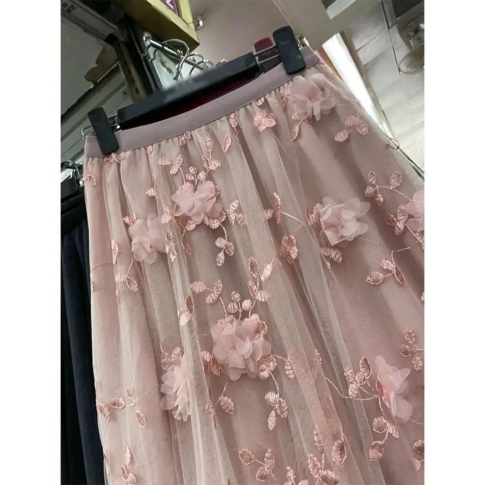 French Elegant Pink Embroidered Tulle Half Skirt Women's Summer High Waist Slimming Midi Skirt Quality Polyester Fiber