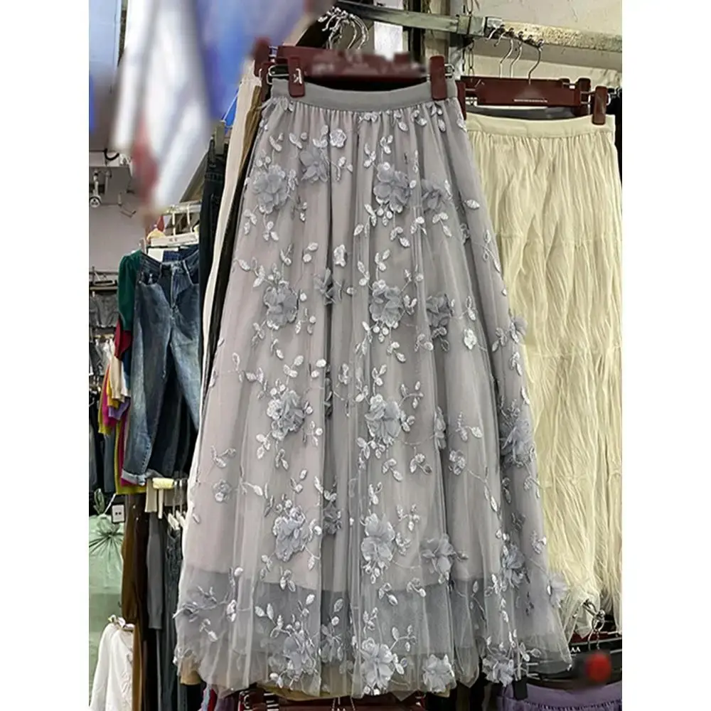 French Elegant Pink Embroidered Tulle Half Skirt Women's Summer High Waist Slimming Midi Skirt Quality Polyester Fiber