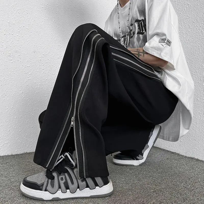 Summer Fashion High Street Side Zip-Up Pants Men's Casual Straight-Leg Draped Loose Fit Hip Hop Slang Style Trendy Brand