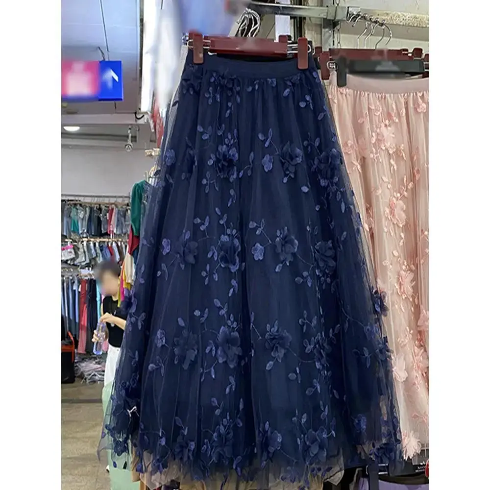 French Elegant Pink Embroidered Tulle Half Skirt Women's Summer High Waist Slimming Midi Skirt Quality Polyester Fiber