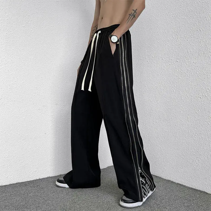 Summer Fashion High Street Side Zip-Up Pants Men's Casual Straight-Leg Draped Loose Fit Hip Hop Slang Style Trendy Brand