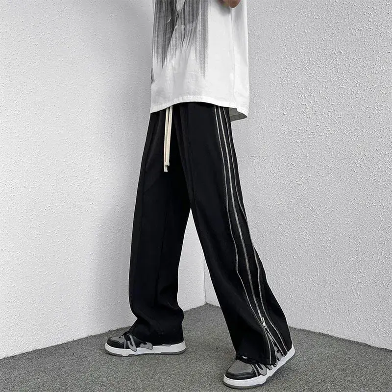 Summer Fashion High Street Side Zip-Up Pants Men's Casual Straight-Leg Draped Loose Fit Hip Hop Slang Style Trendy Brand