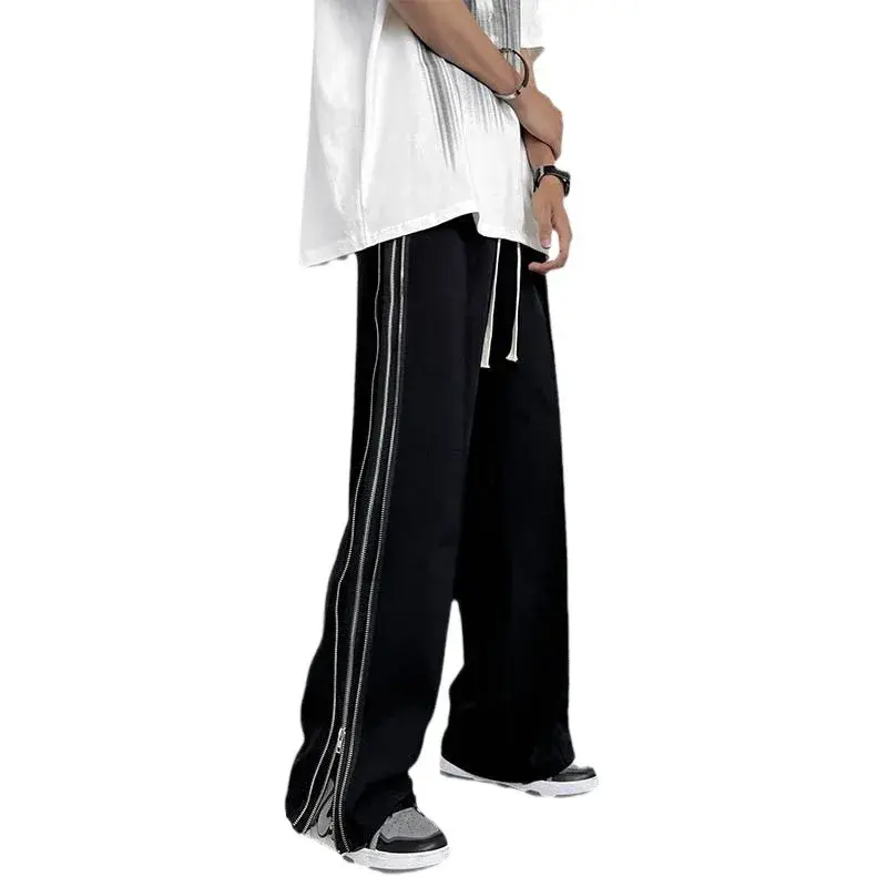 Summer Fashion High Street Side Zip-Up Pants Men's Casual Straight-Leg Draped Loose Fit Hip Hop Slang Style Trendy Brand