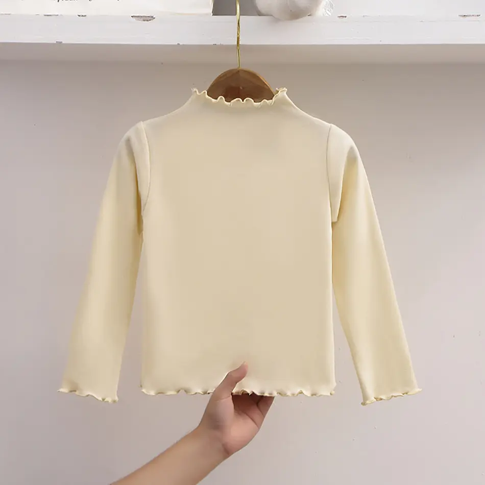 Autumn Winter Fashion Girl Long Sleeve T-Shirt with Ruffle Edges for Kids Soft and Warm Solid Color Children Casual Clothes Tops