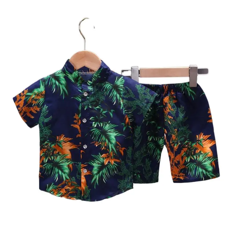 2Pcs Boys' Summer Short Sleeve Shirt and Shorts Set Tropical Leaf Print, Stylish & Comfortable Kids Outfit