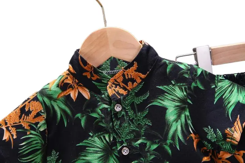 2Pcs Boys' Summer Short Sleeve Shirt and Shorts Set Tropical Leaf Print, Stylish & Comfortable Kids Outfit