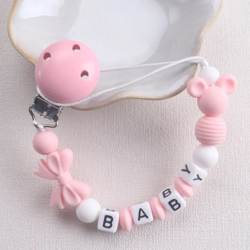 Personalised Name Baby Pacifier Clip with Mouse & Bow Design, Alphabet Beads, Anti - Drop Soother Holder