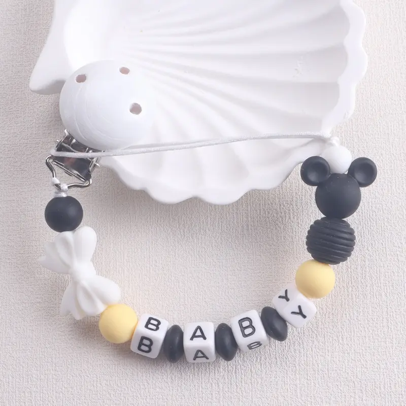 Personalised Name Baby Pacifier Clip with Mouse & Bow Design, Alphabet Beads, Anti - Drop Soother Holder