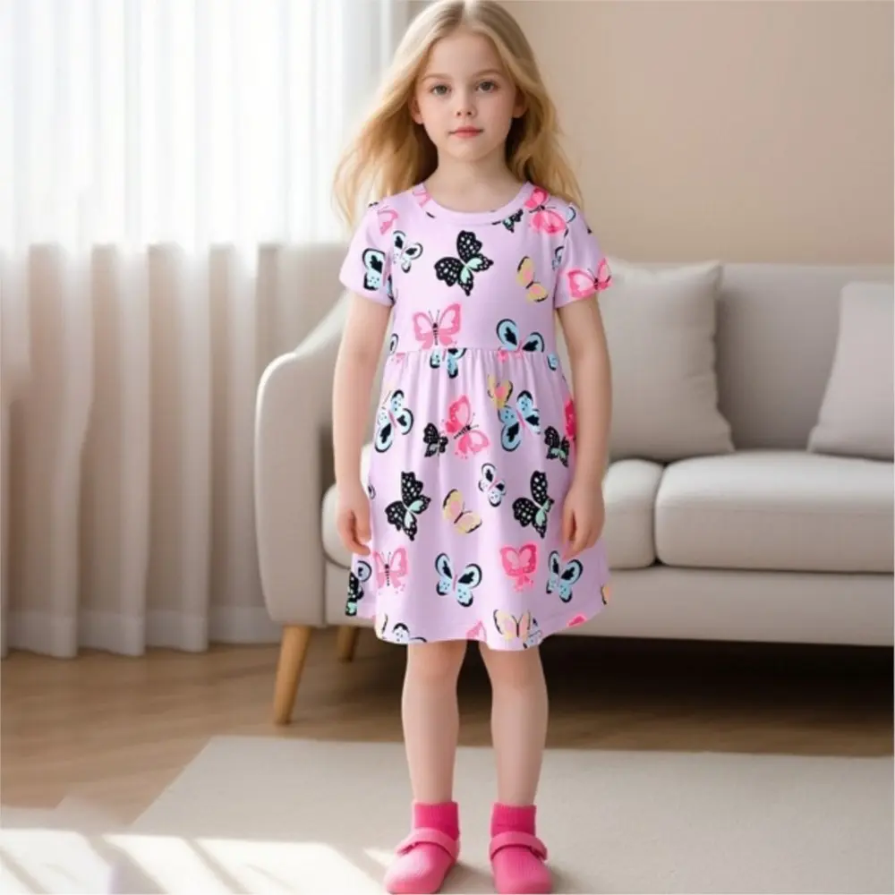 Girls' Light Purple Short - Sleeve Dress - with Colorful Butterfly All - over Print - Suitable for Ages 3-8 Years