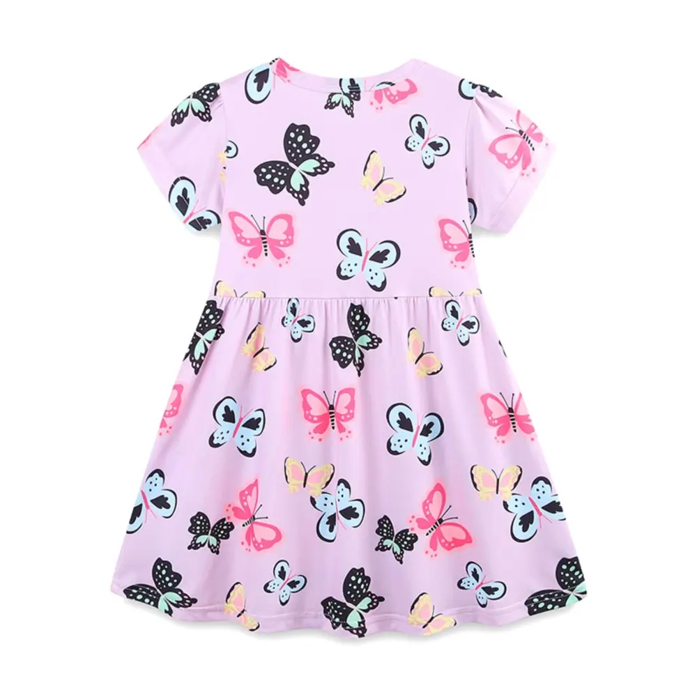 Girls' Light Purple Short - Sleeve Dress - with Colorful Butterfly All - over Print - Suitable for Ages 3-8 Years
