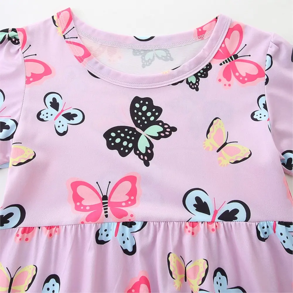 Girls' Light Purple Short - Sleeve Dress - with Colorful Butterfly All - over Print - Suitable for Ages 3-8 Years