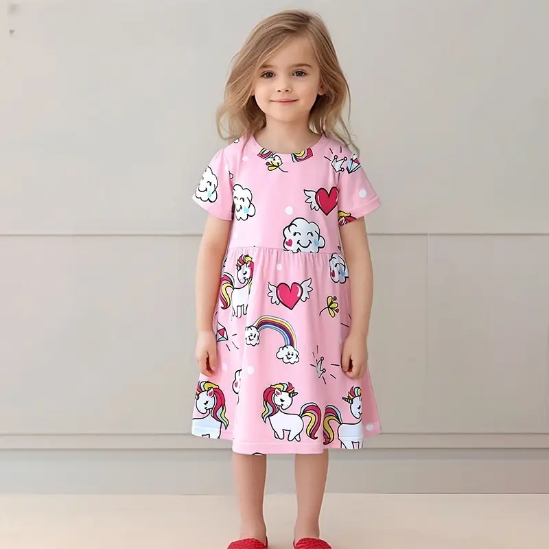 Girls' Pink Short Sleeve Dress with Whimsical Unicorn, Cloud and Heart All - over Print - Suitable for Ages 3-8 Years