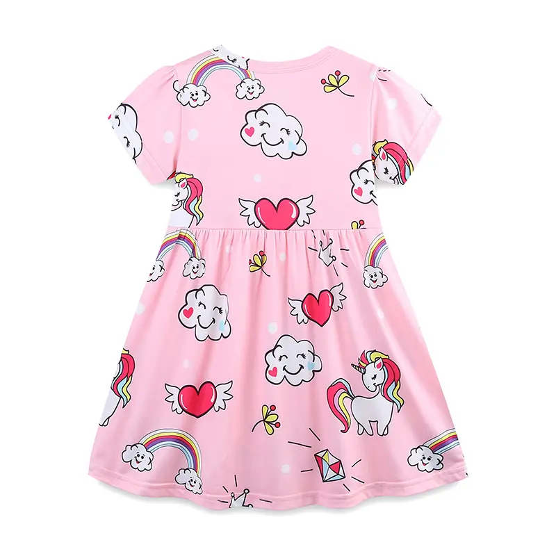 Girls' Pink Short Sleeve Dress with Whimsical Unicorn, Cloud and Heart All - over Print - Suitable for Ages 3-8 Years