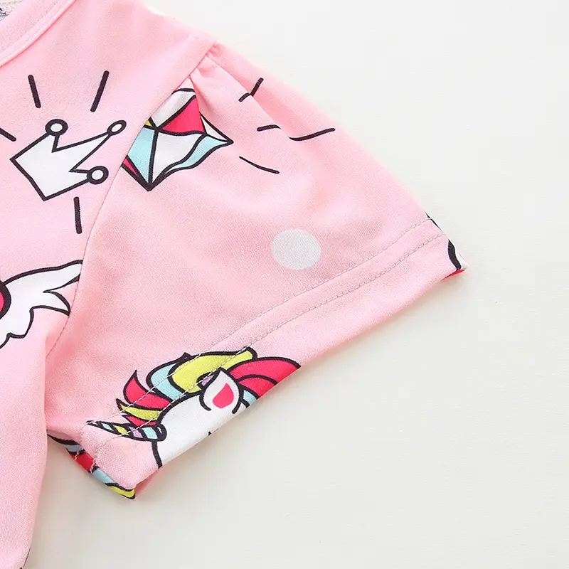 Girls' Pink Short Sleeve Dress with Whimsical Unicorn, Cloud and Heart All - over Print - Suitable for Ages 3-8 Years