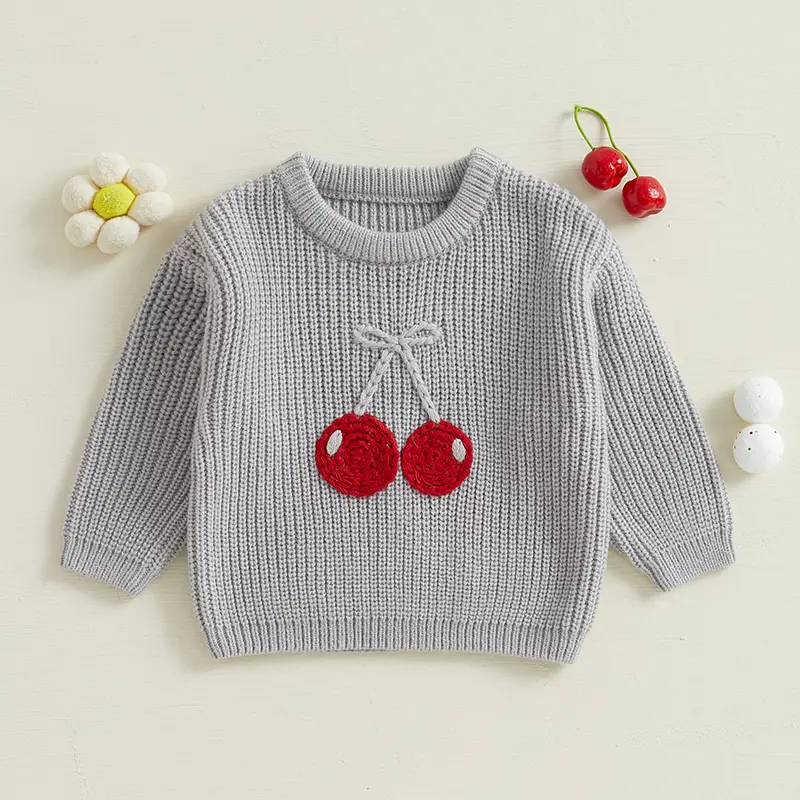 0-5Y Little Kids Girls Sweater Fruit Embroidery Crew Neck Long Sleeve Pullovers Fall Winter Casual Tops