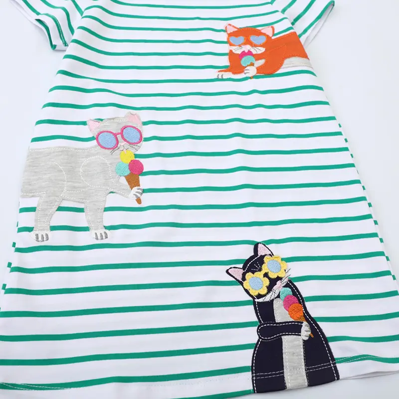 Girls' Green & White Striped Dress Cute Cat Embroidery Sunglasses and Ice Cream Design Adorable Toddler Girl Short Sleeve Skirt