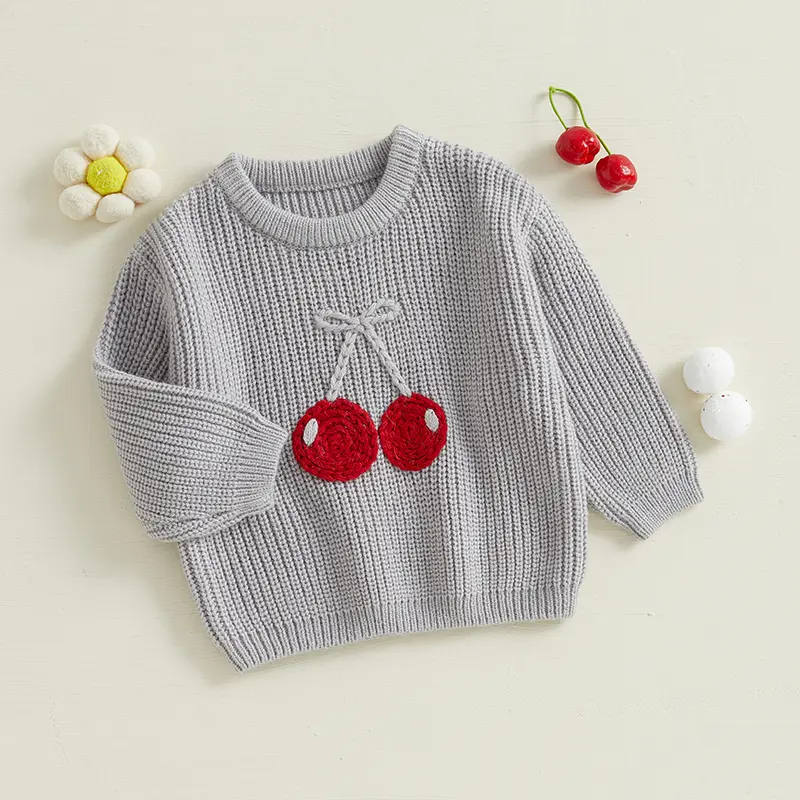 0-5Y Little Kids Girls Sweater Fruit Embroidery Crew Neck Long Sleeve Pullovers Fall Winter Casual Tops