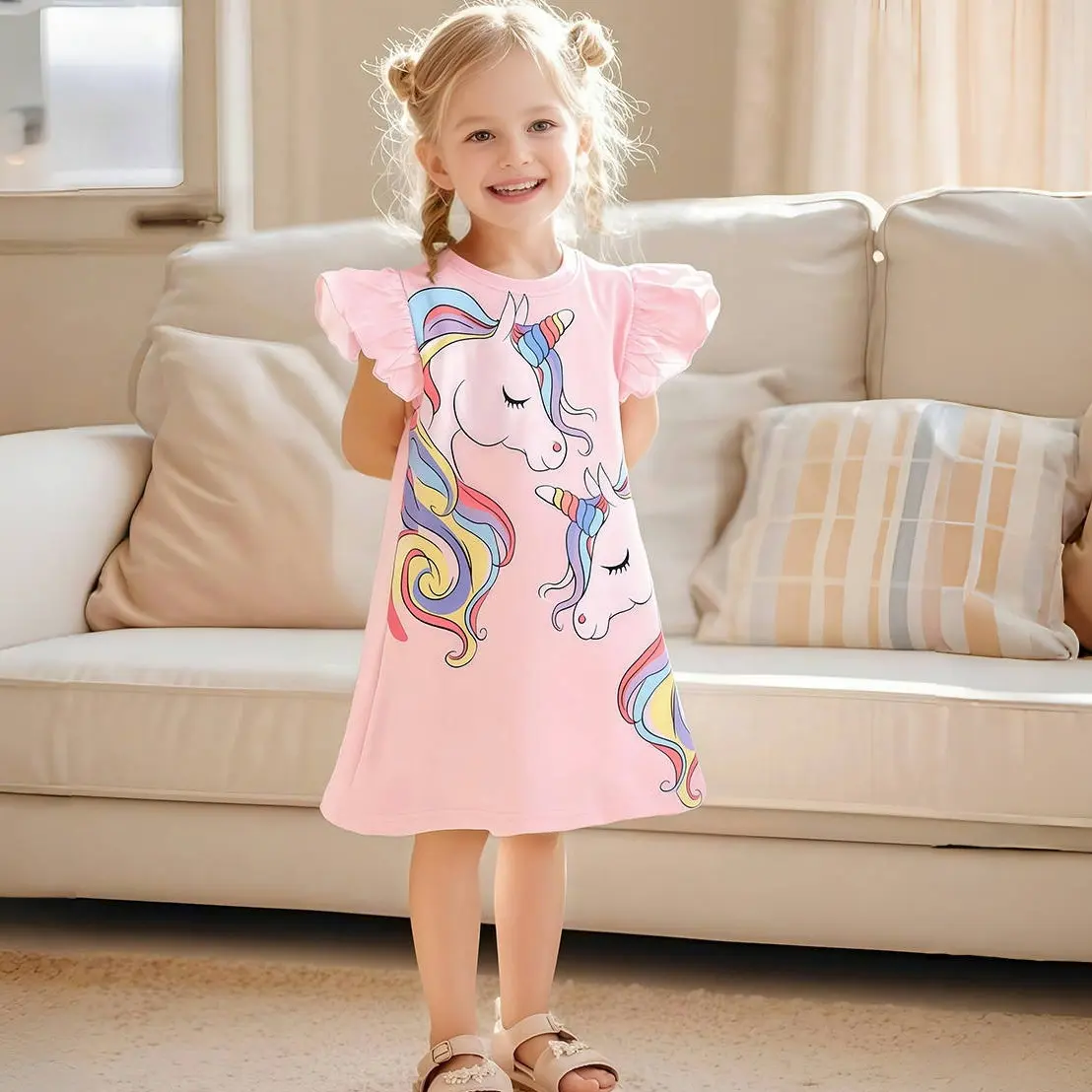 Girls' Pink Short - Sleeve Dress - with Ruffled Sleeves and Unicorn Print - Suitable for Ages 2-7y