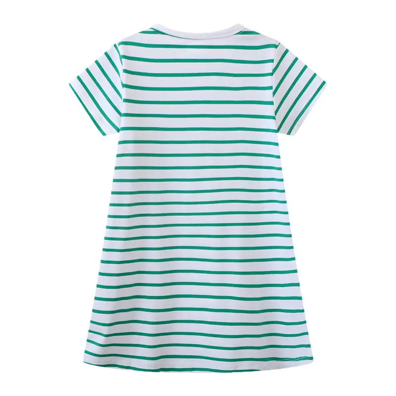 Girls' Green & White Striped Dress Cute Cat Embroidery Sunglasses and Ice Cream Design Adorable Toddler Girl Short Sleeve Skirt