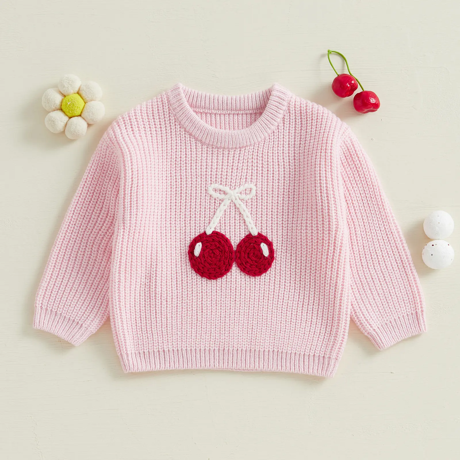 0-5Y Little Kids Girls Sweater Fruit Embroidery Crew Neck Long Sleeve Pullovers Fall Winter Casual Tops