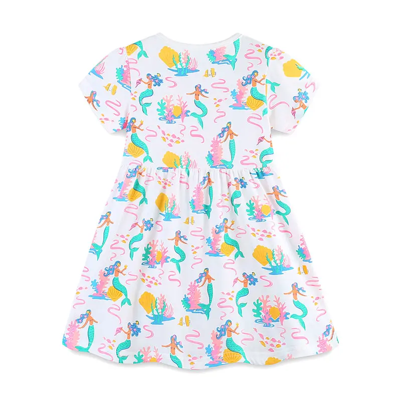 Girls' White Short - Sleeve Dress - with Colorful Mermaid and Ocean - themed All - over Print - Suitable for Ages 2-7y