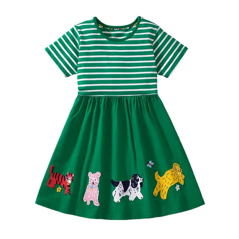 Charming Green Short - Sleeve Dress with White Striped Bodice and Cute Pet Embroidery - Ideal for Everyday Cuteness