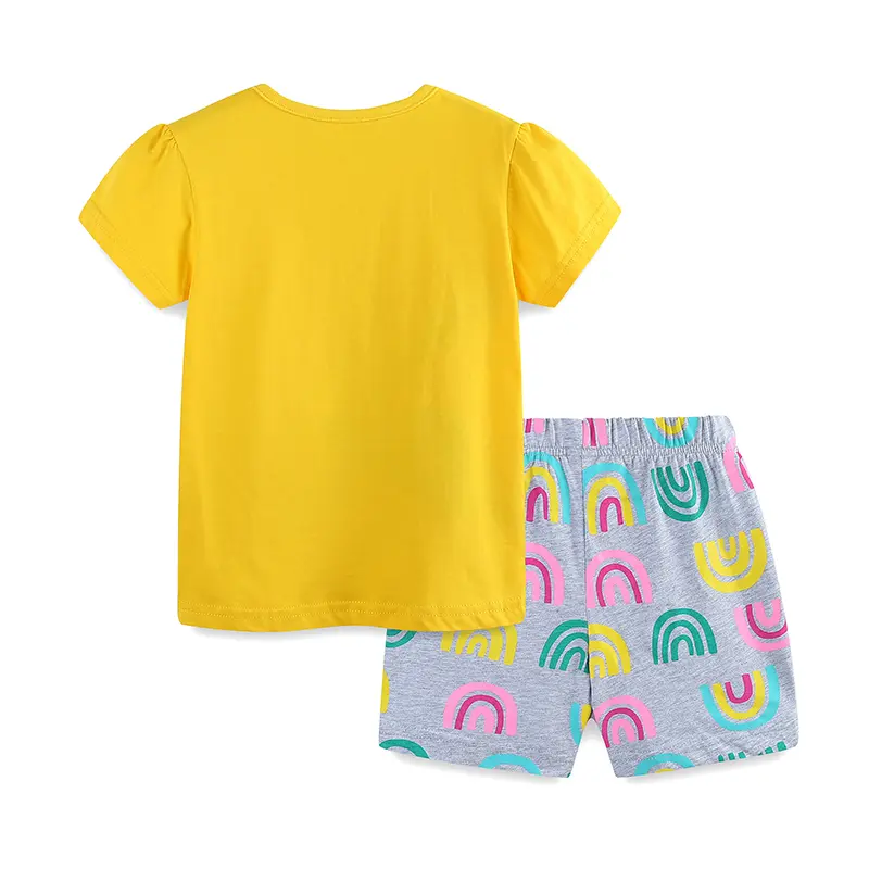 2Pcs Sunny Yellow Short Sleeve Kids' T shirt with Dinosaur & Rainbow Print, Paired with Gray Shorts featuring Rainbow Patterns