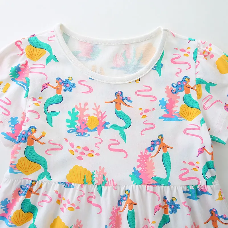 Girls' White Short - Sleeve Dress - with Colorful Mermaid and Ocean - themed All - over Print - Suitable for Ages 2-7y