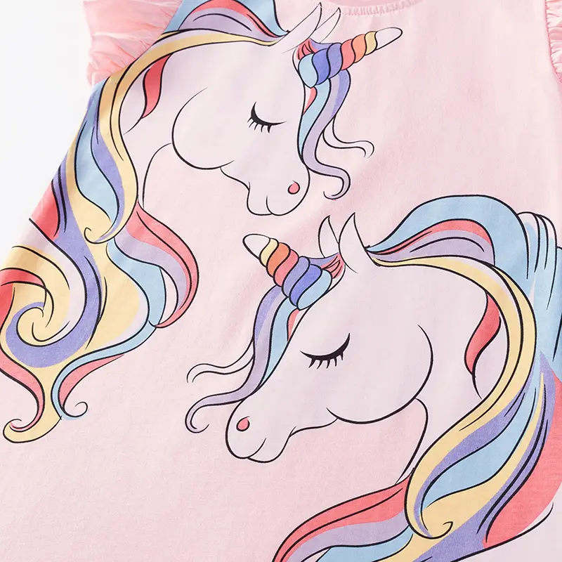 Girls' Pink Short - Sleeve Dress - with Ruffled Sleeves and Unicorn Print - Suitable for Ages 2-7y