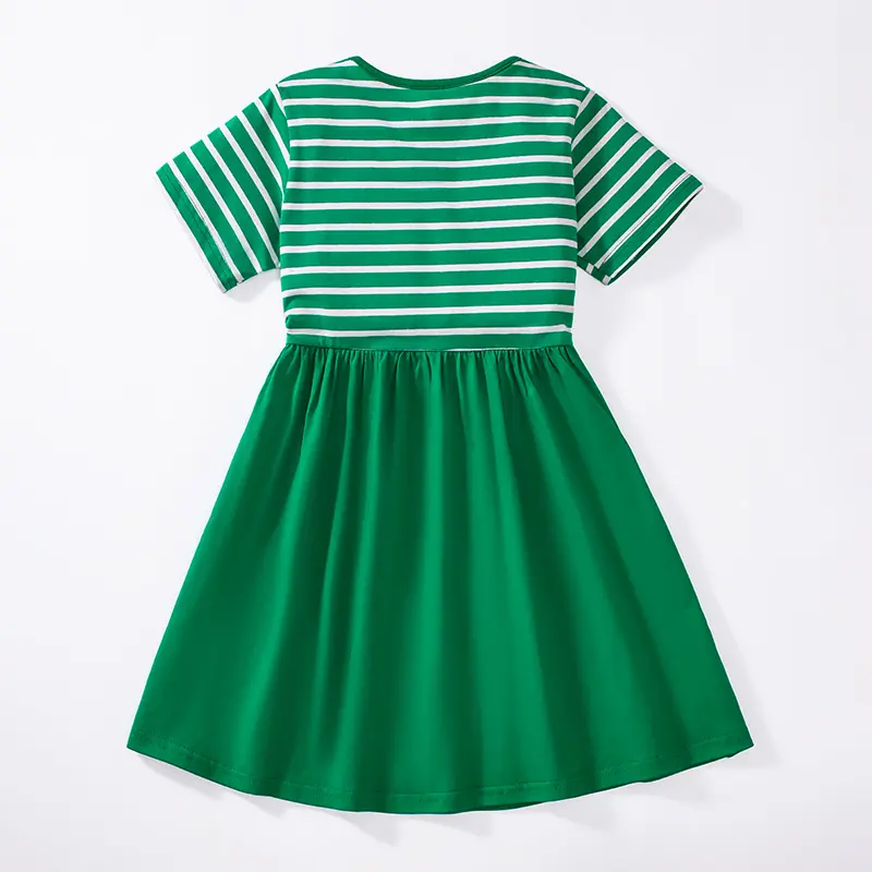 Charming Green Short - Sleeve Dress with White Striped Bodice and Cute Pet Embroidery - Ideal for Everyday Cuteness