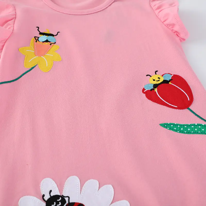 Baby Girls Cute Pink Toddler Dress with Ruffled Sleeves & Insect - Flower Prints