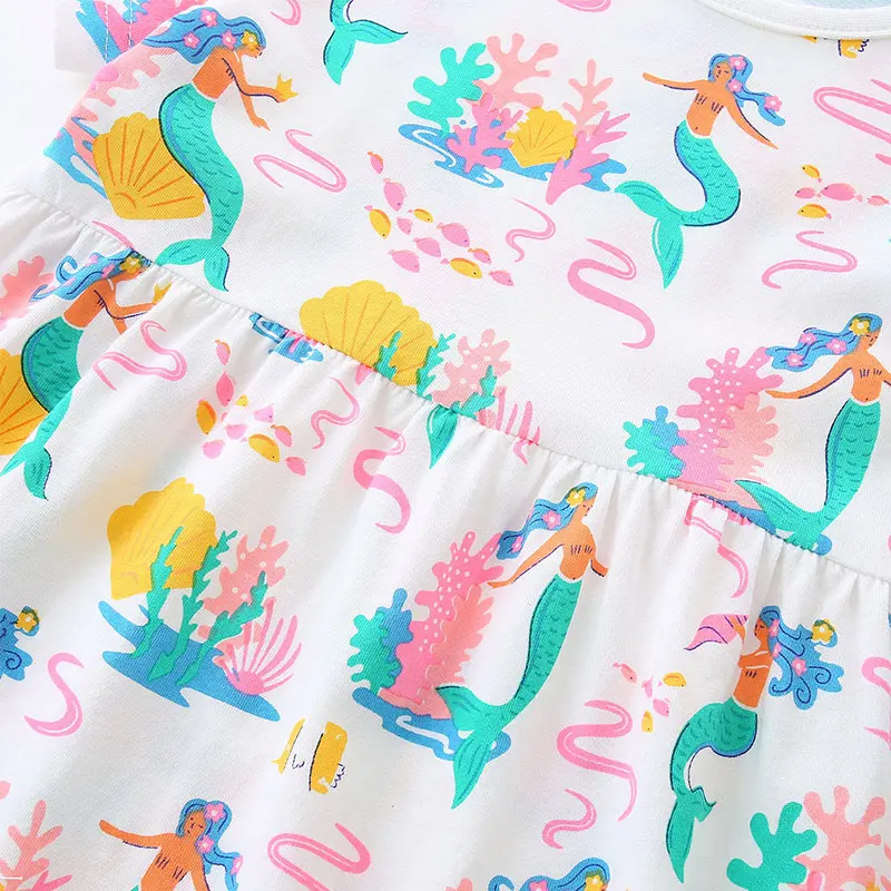 Girls' White Short - Sleeve Dress - with Colorful Mermaid and Ocean - themed All - over Print - Suitable for Ages 2-7y