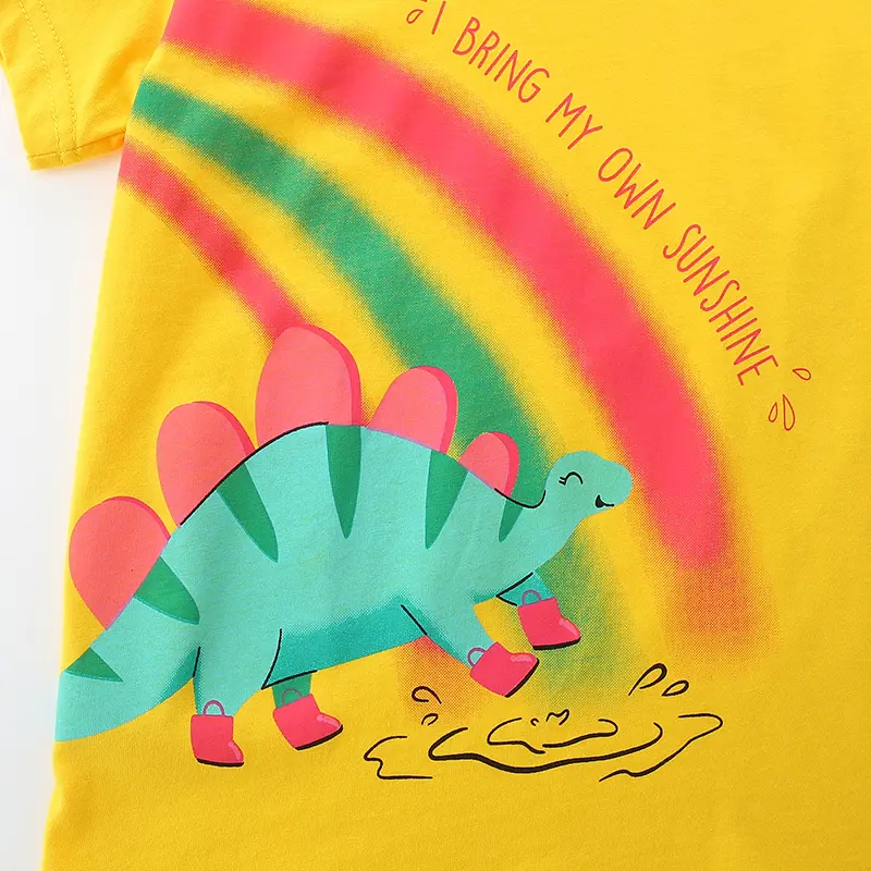 2Pcs Sunny Yellow Short Sleeve Kids' T shirt with Dinosaur & Rainbow Print, Paired with Gray Shorts featuring Rainbow Patterns