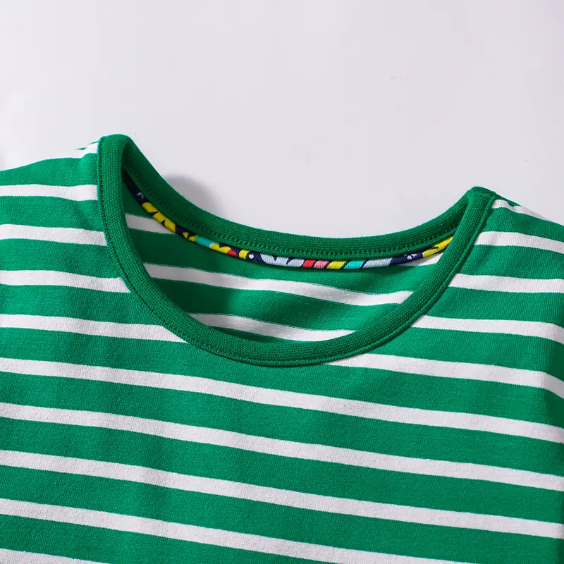 Charming Green Short - Sleeve Dress with White Striped Bodice and Cute Pet Embroidery - Ideal for Everyday Cuteness