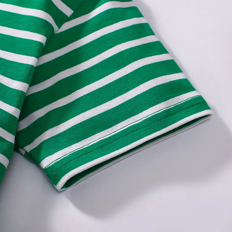 Charming Green Short - Sleeve Dress with White Striped Bodice and Cute Pet Embroidery - Ideal for Everyday Cuteness