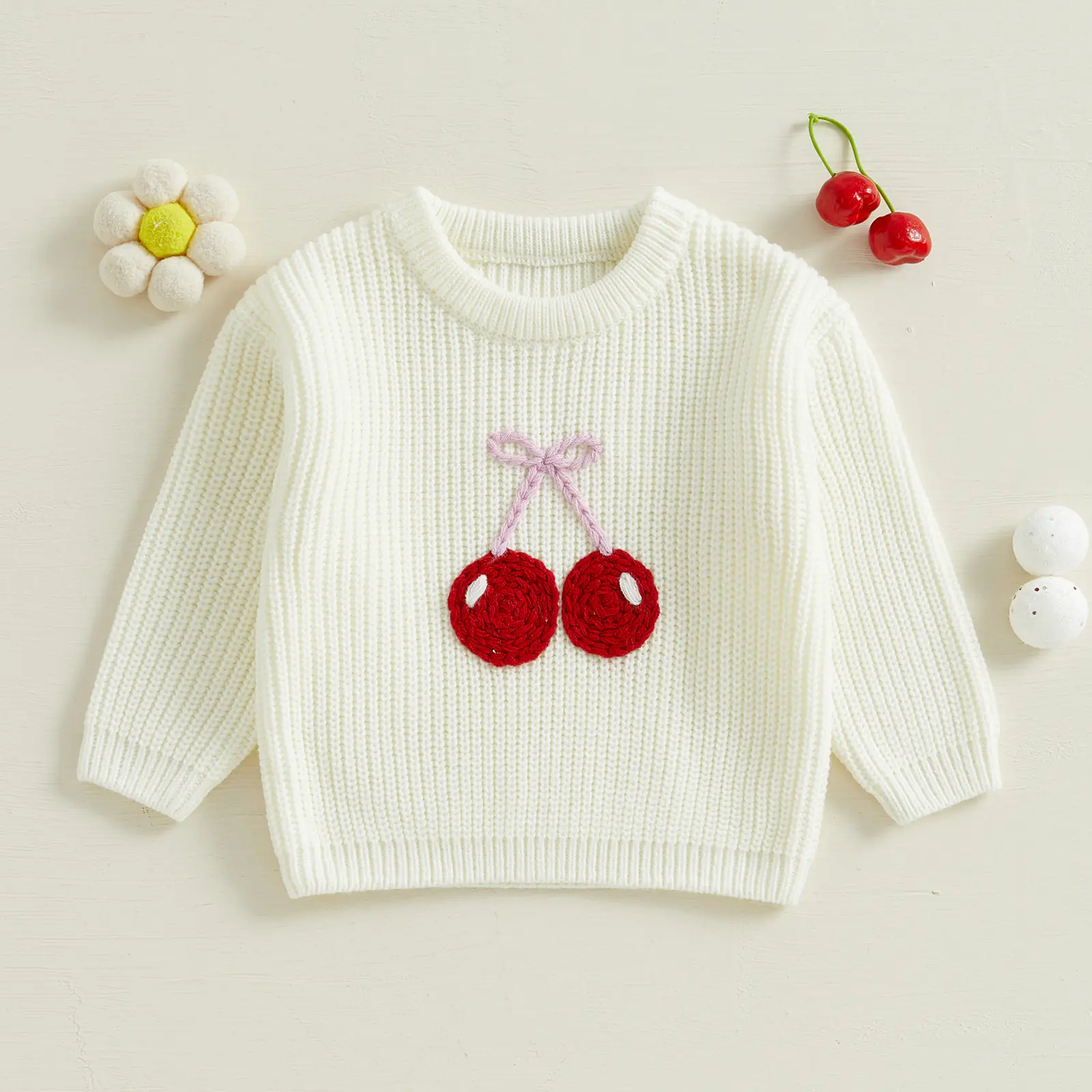0-5Y Little Kids Girls Sweater Fruit Embroidery Crew Neck Long Sleeve Pullovers Fall Winter Casual Tops