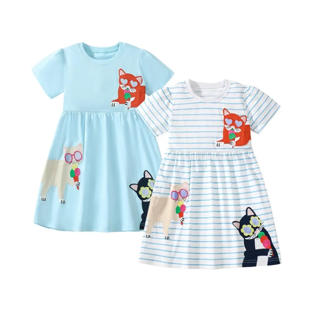 Adorable Cat - Themed Kids' Dresses Sweet Styles in Light Blue and Striped White for Your Little One