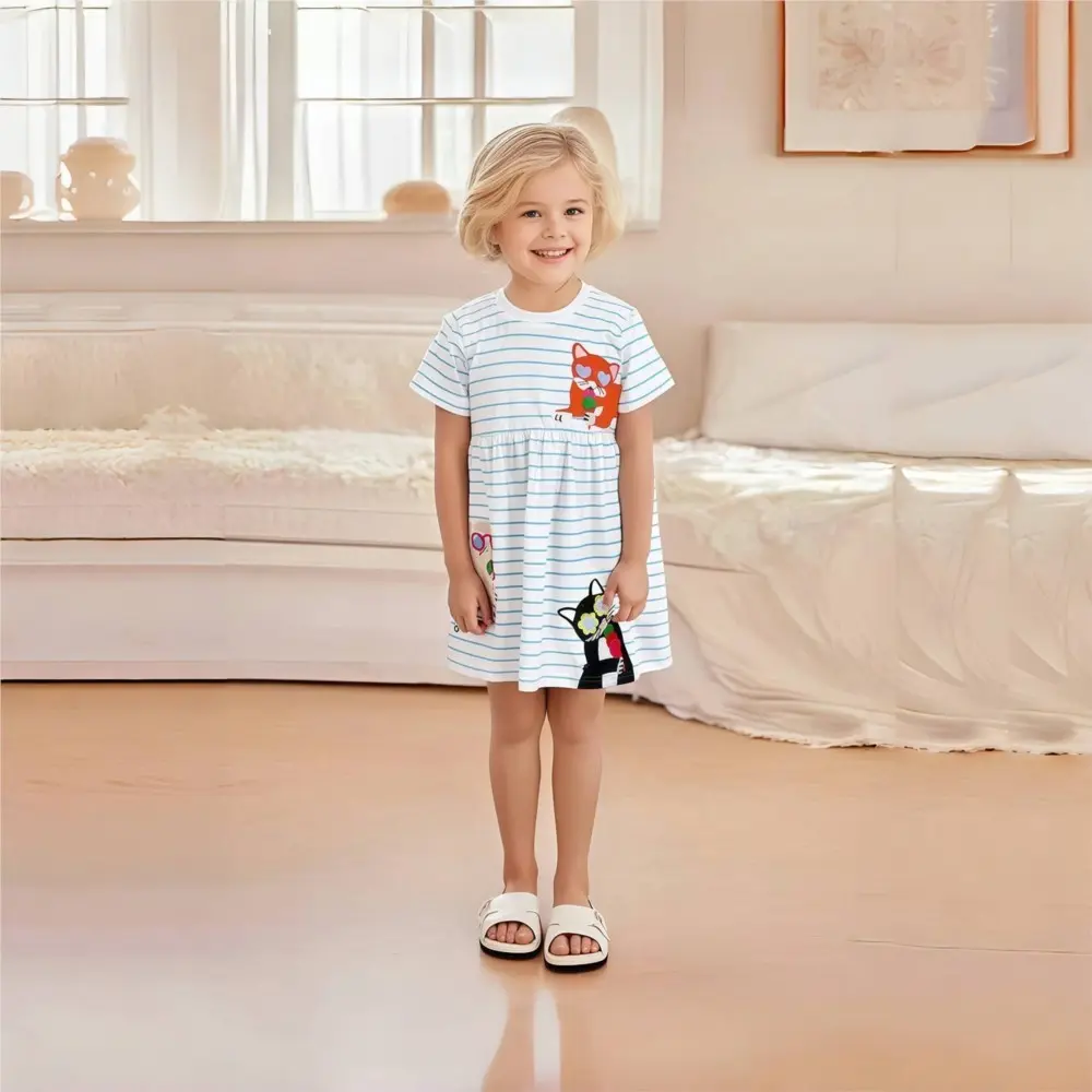 Adorable Cat - Themed Kids' Dresses Sweet Styles in Light Blue and Striped White for Your Little One