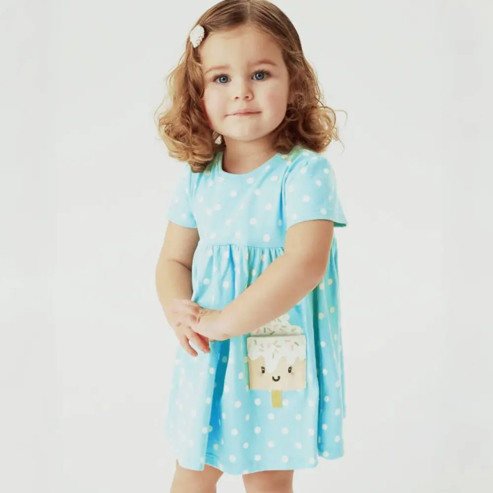 2-7t Short Sleeved Light Blue Polka Dot Toddler Dress with Adorable Ice Cream Pattern